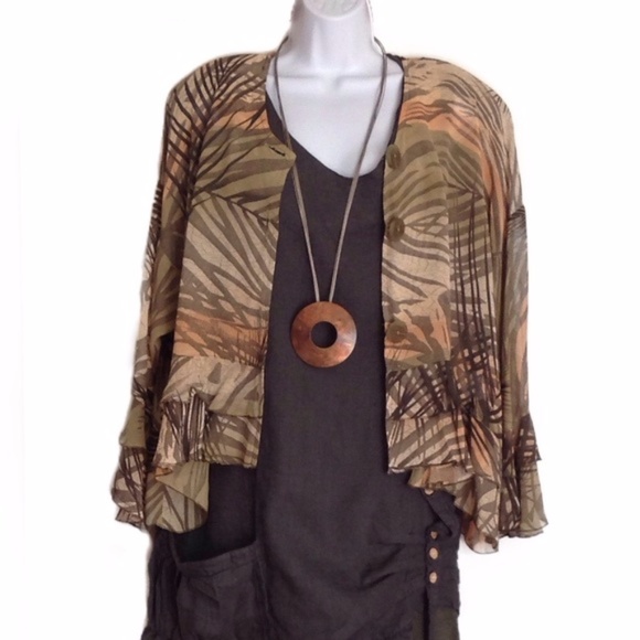 Sheer Cropped Earth Tones Ruffled Lagenlook Blouse - Picture 1 of 4